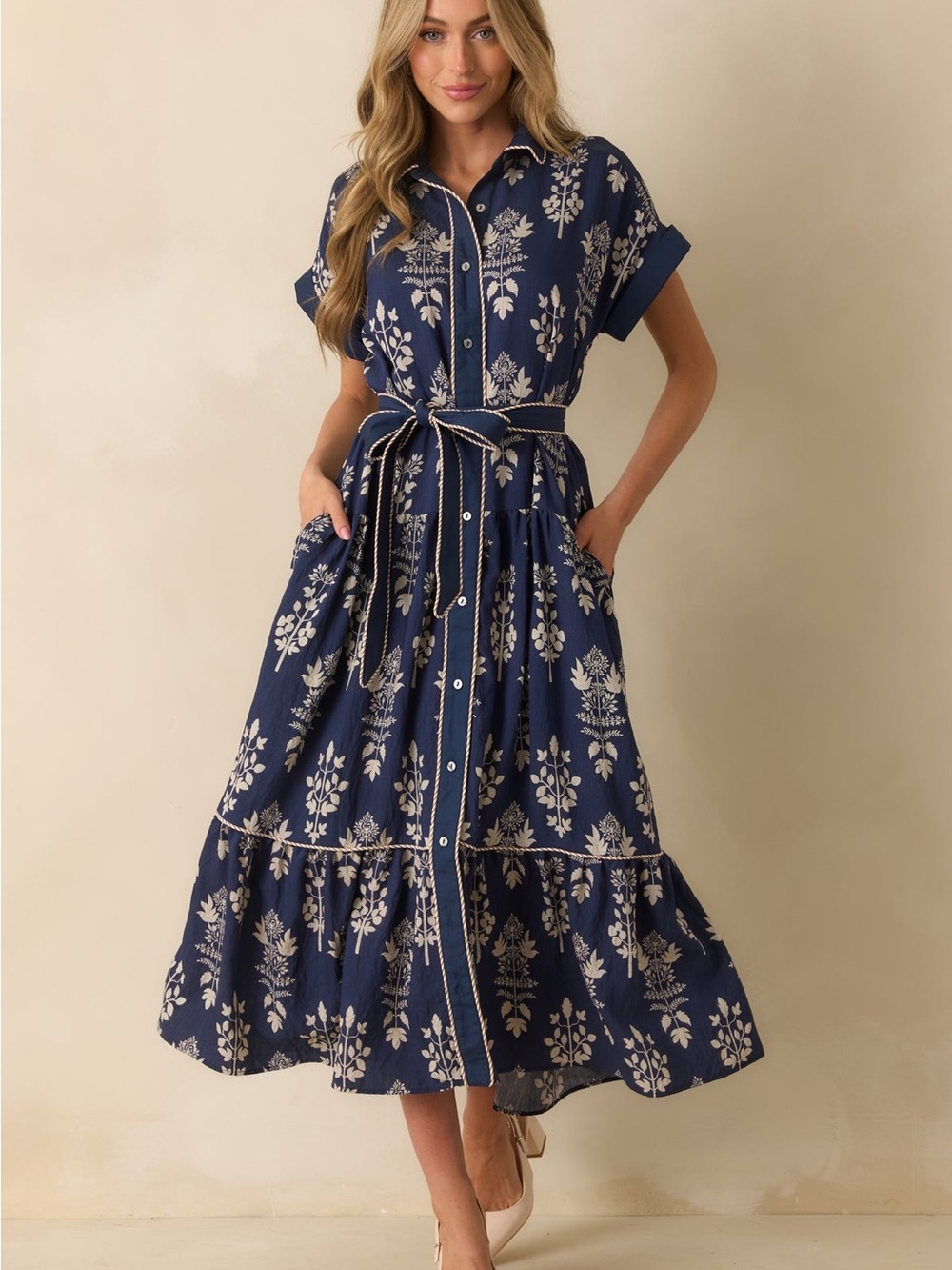 Entro Althea Botanical Midi Dress Navy